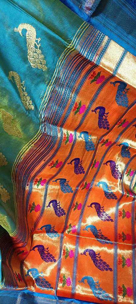 Blue And Yellow Shot Handloom Paithani Pure Silk Peacock Design Pallu Nine Yards Saree