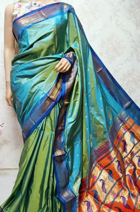 Blue And Yellow Shot Handloom Paithani Pure Silk Peacock Design Pallu Nine Yards Saree