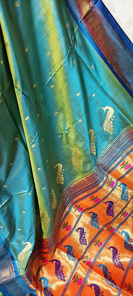 Blue And Yellow Shot Handloom Paithani Pure Silk Peacock Design Pallu Nine Yards Saree