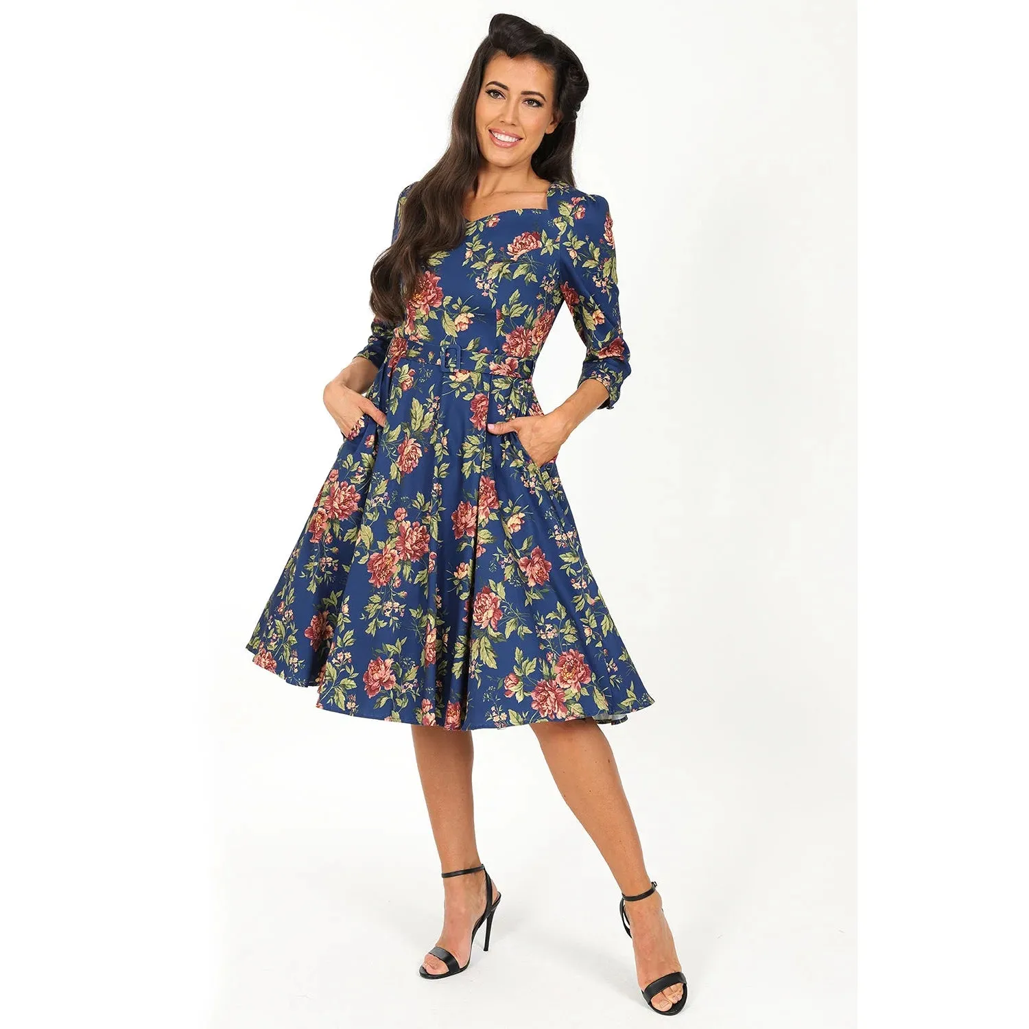 Blue Floral Print 50 Swing Tea Dress w/ Sweetheart Neckline & Pockets