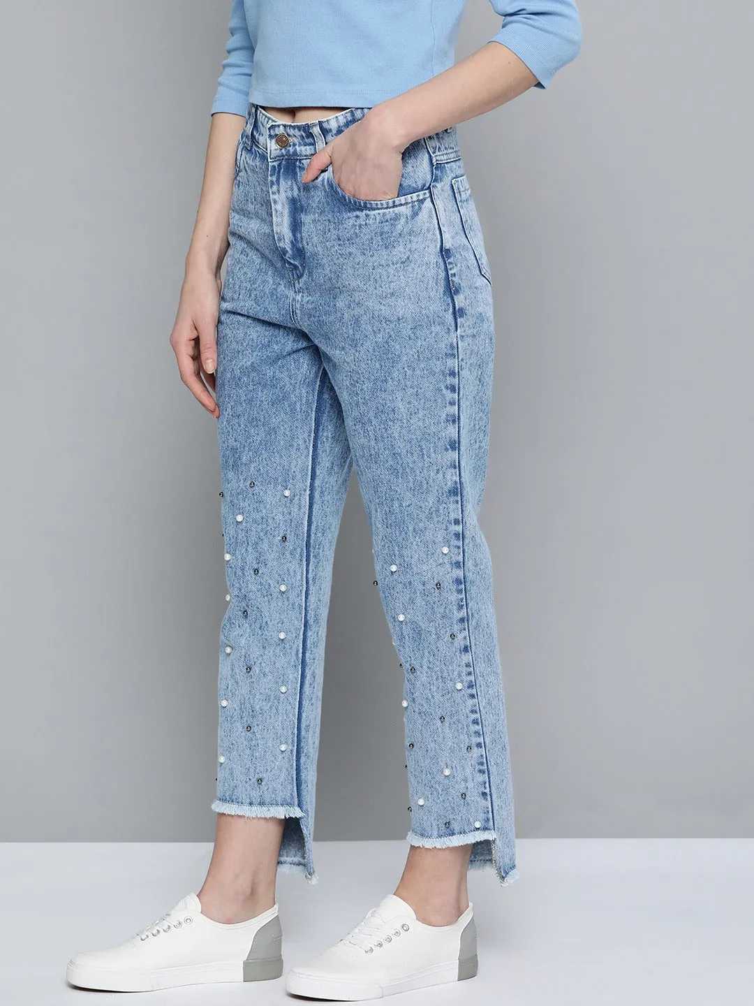 Blue High Low Pearl Detail Mom Jeans