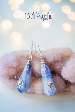 Blue raw crystal earrings with suns