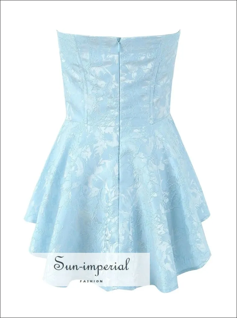 Blue Satin Strapless Jacquard A-line Corset Style Mini Dress With Contrast Color Detail