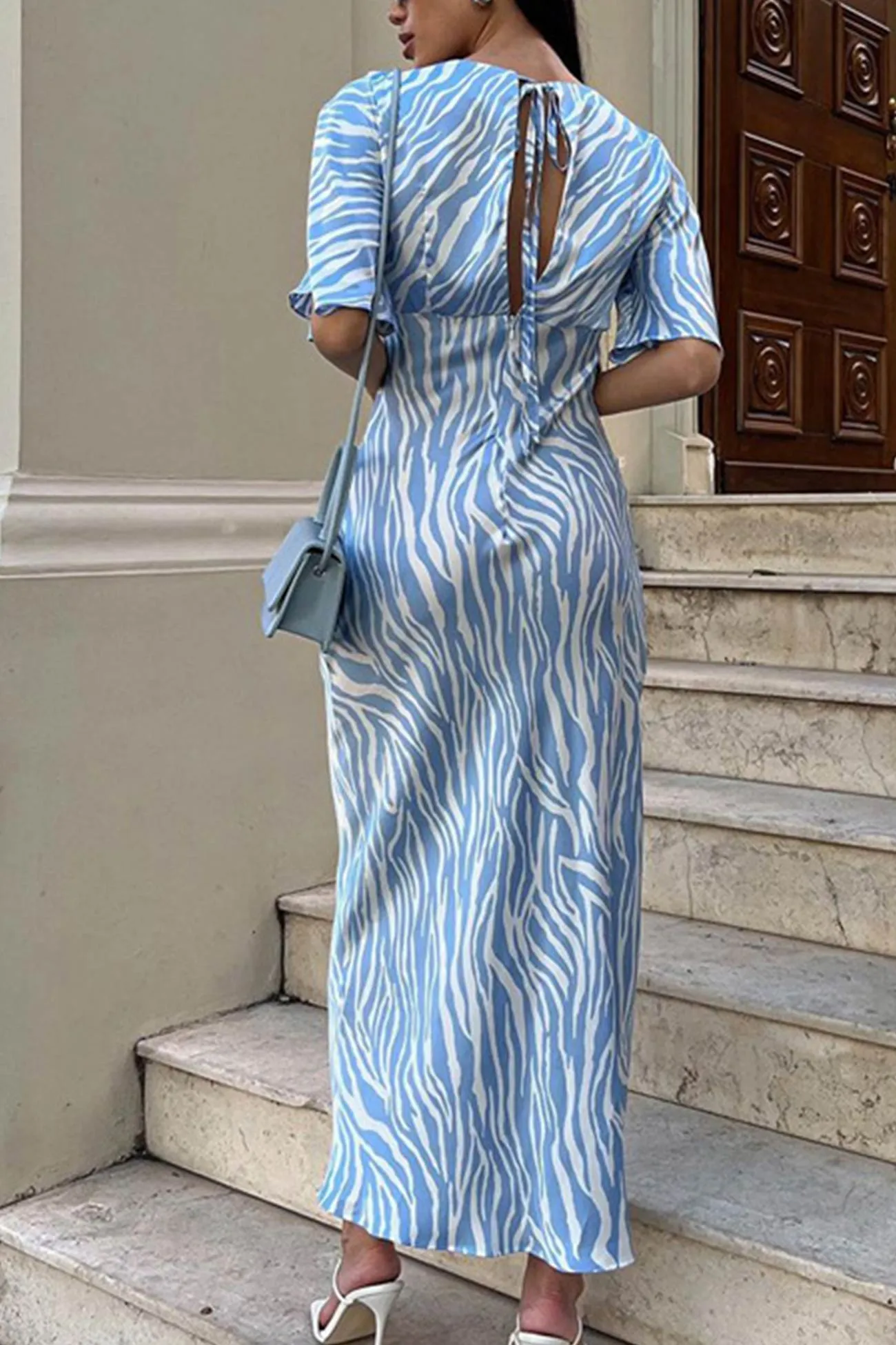 Blue Satin Zebra Print Tie-back Midi Dress