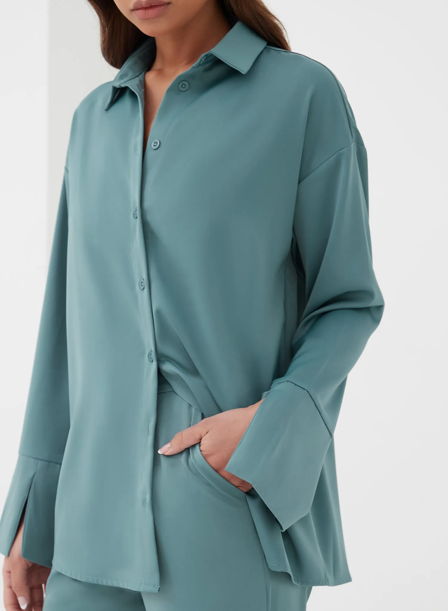 Blue Split Cuff Satin Shirt - Elina