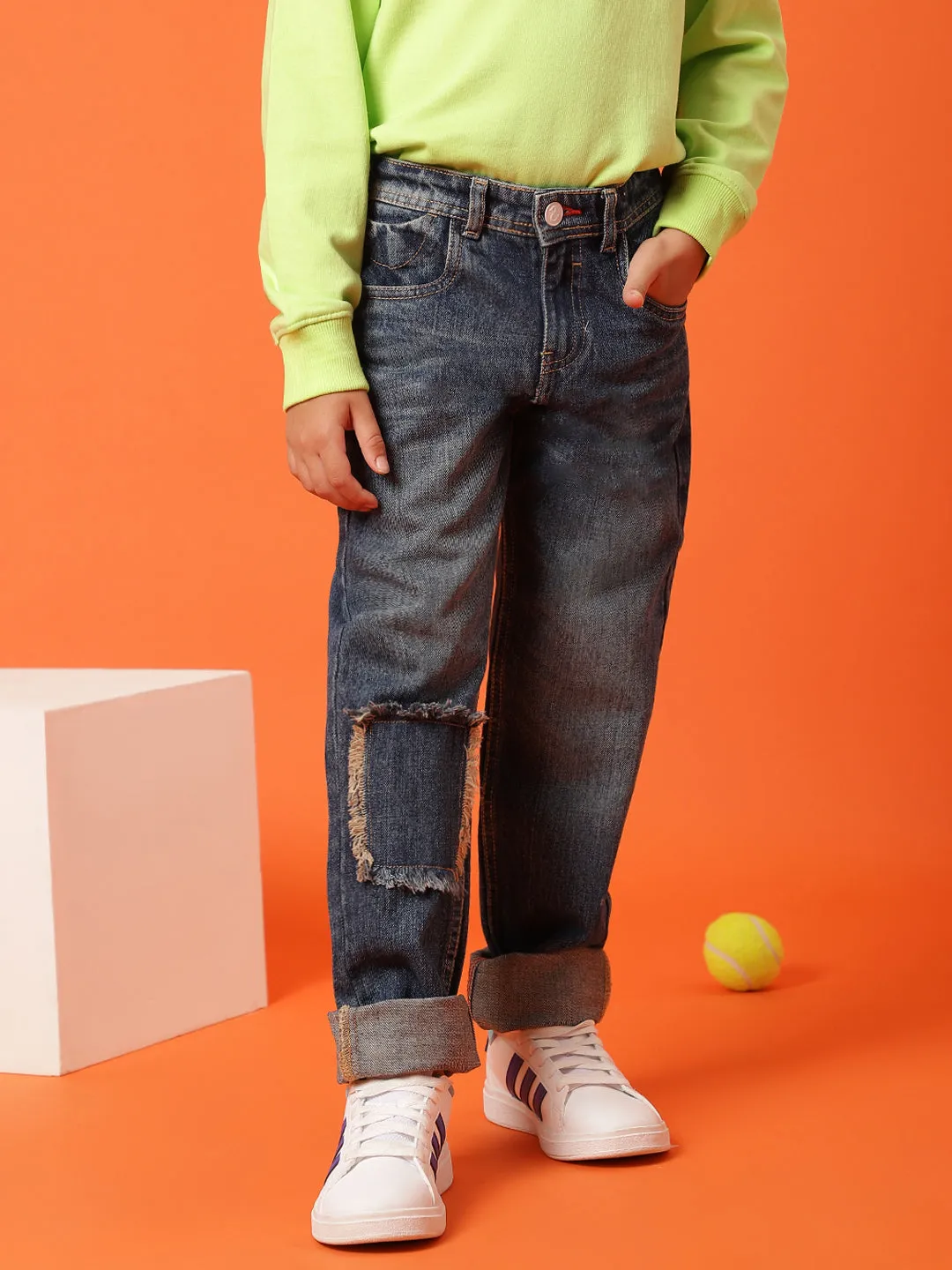 Boys Dark Blue Cotton Dad Fit Solid Jeans