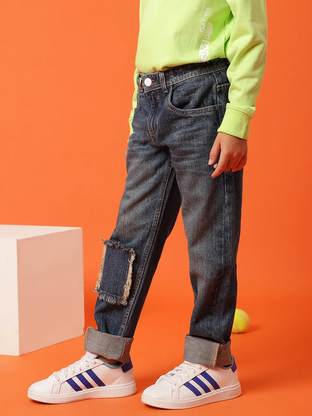 Boys Dark Blue Cotton Dad Fit Solid Jeans