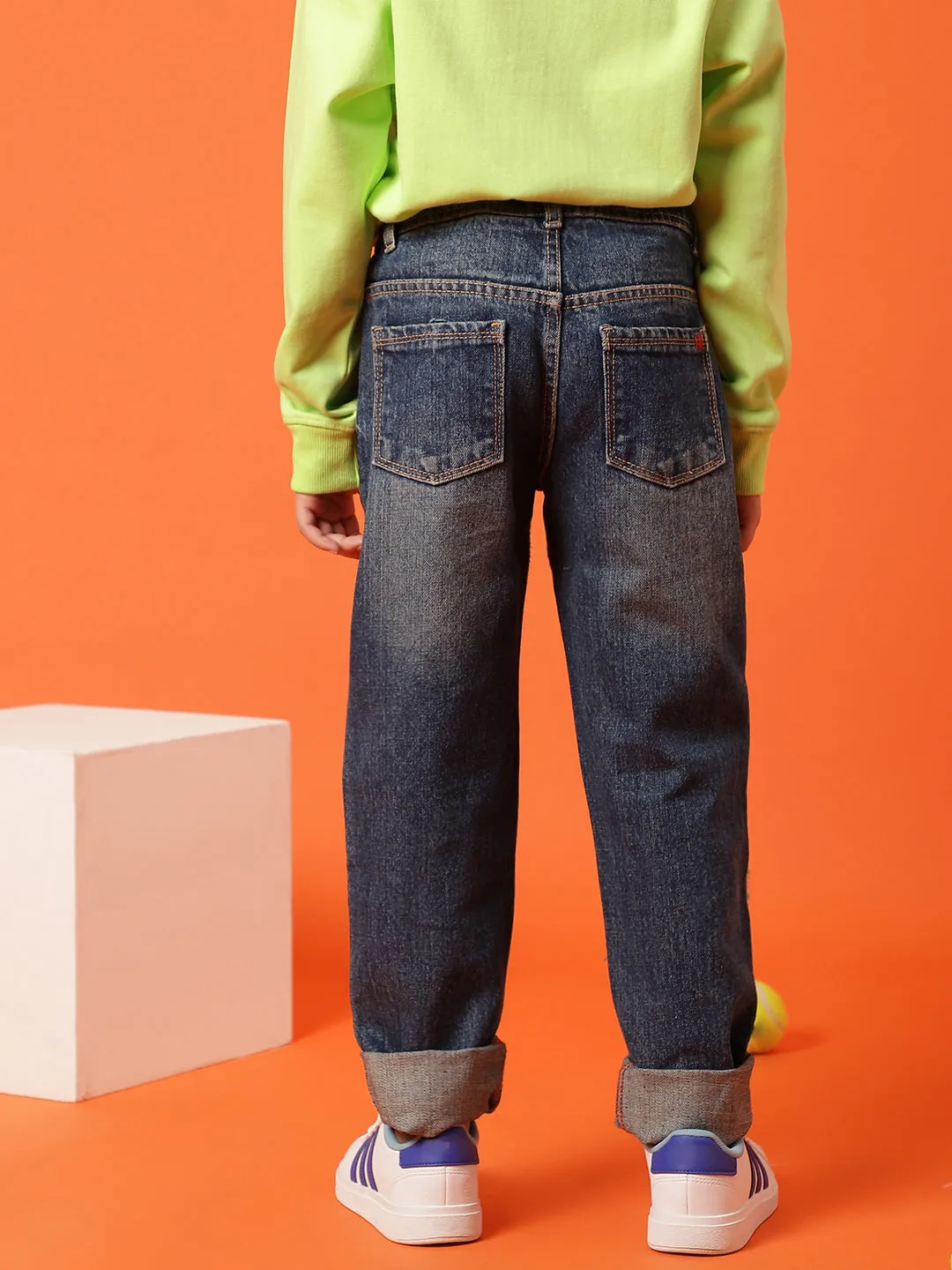 Boys Dark Blue Cotton Dad Fit Solid Jeans