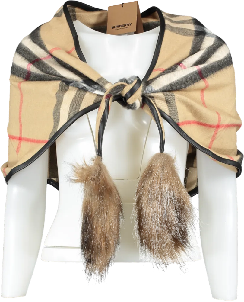 Burberry Beige 100% Cashmere Classic Check Scarf With Lamb Leather Trim And Faux-fur Tassels BNWT