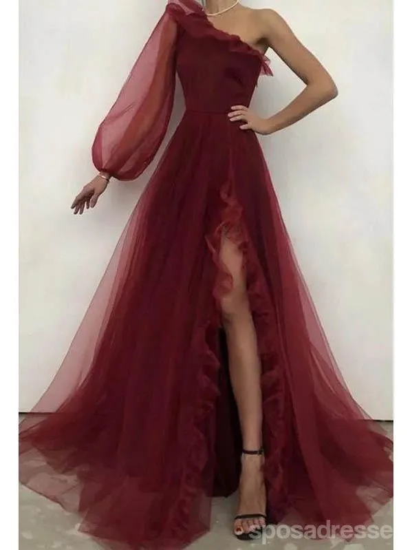 Burgundy A-line One Shoulder High Slit Long Sleeves Prom Dresses Online,12700