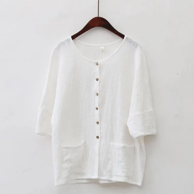 Button Pockets Loose Casual Blouses Vintage T-Shirts & Tops Women Johnature 4915058