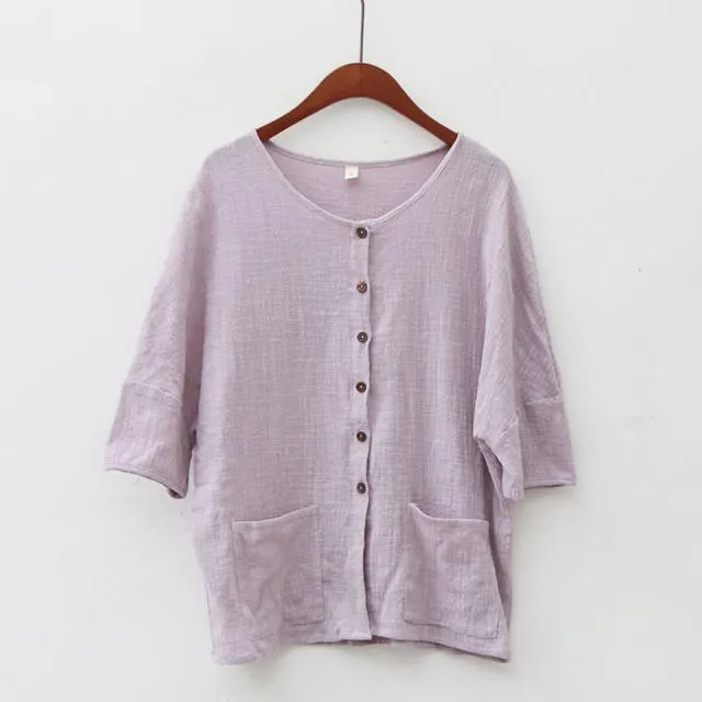 Button Pockets Loose Casual Blouses Vintage T-Shirts & Tops Women Johnature 4915058