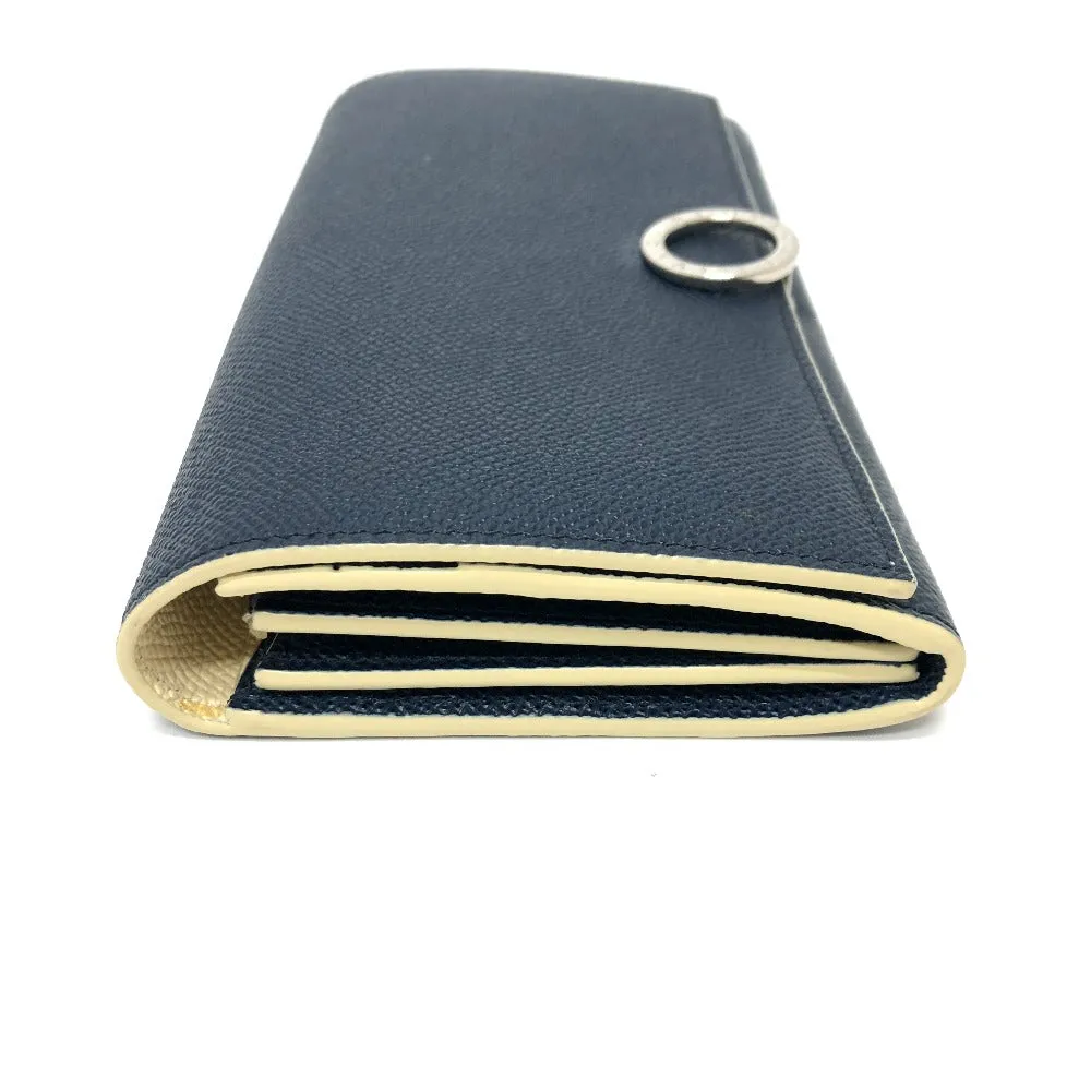 BVLGARI Long Wallet Purse leather Navy Logo clip Long wallet Women Used Authentic