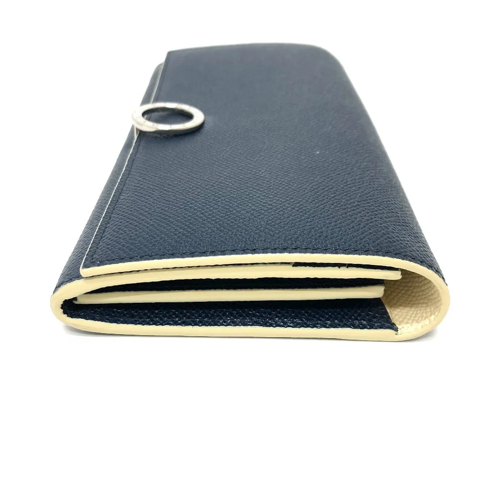 BVLGARI Long Wallet Purse leather Navy Logo clip Long wallet Women Used Authentic