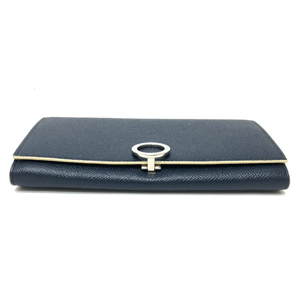 BVLGARI Long Wallet Purse leather Navy Logo clip Long wallet Women Used Authentic