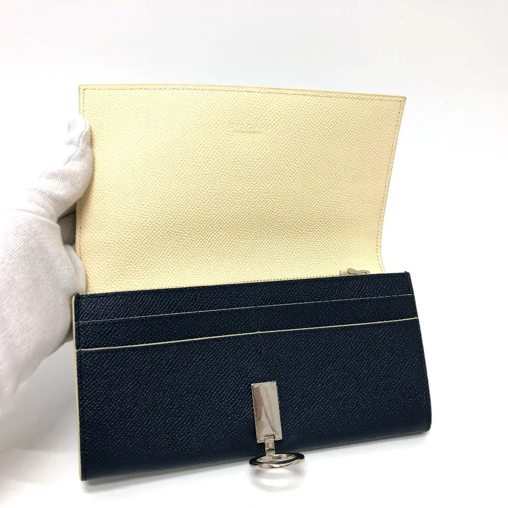 BVLGARI Long Wallet Purse leather Navy Logo clip Long wallet Women Used Authentic