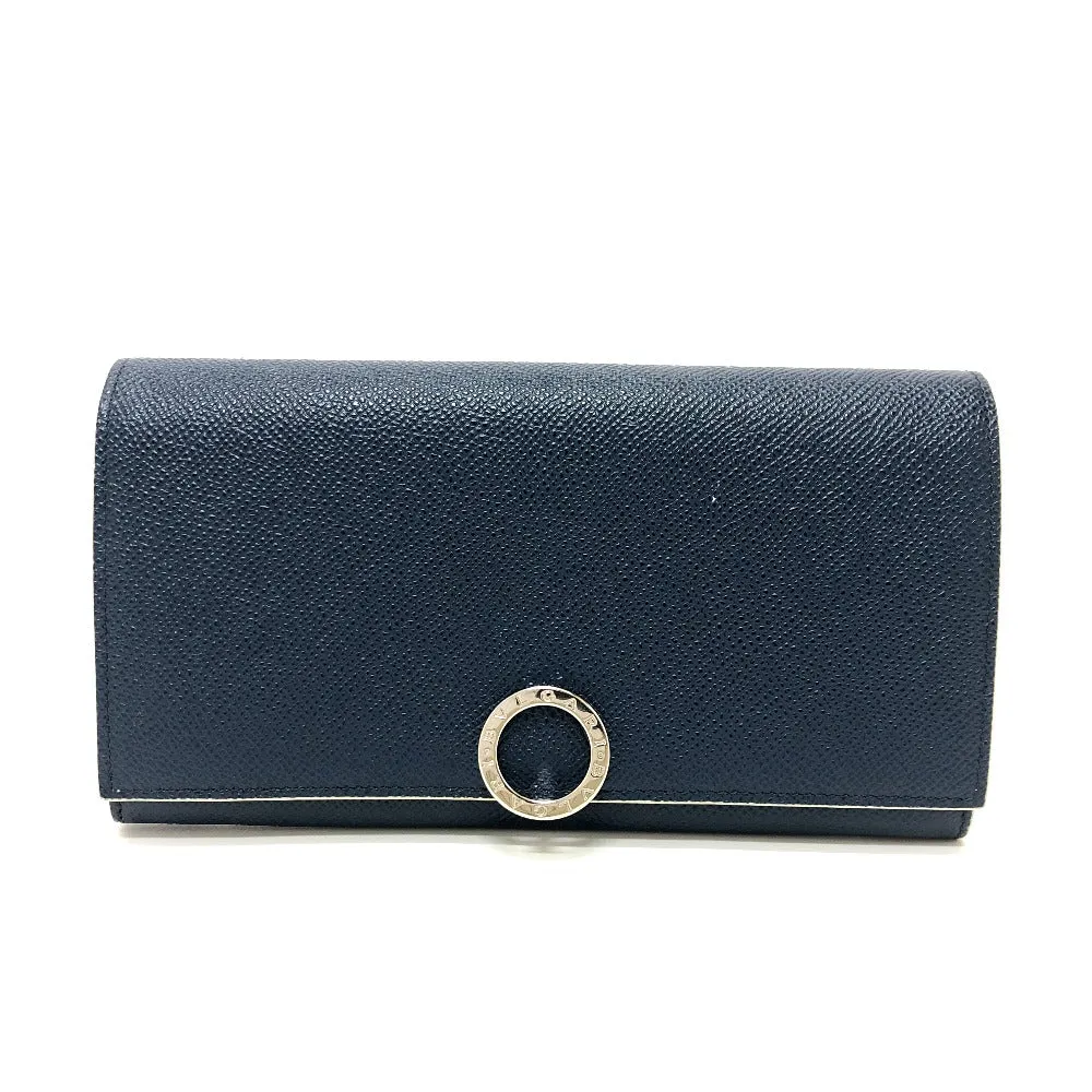 BVLGARI Long Wallet Purse leather Navy Logo clip Long wallet Women Used Authentic