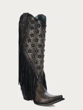 C4083 - WOMEN'S BLACK EMBROIDERY AND STARS INLAY WITH LAMB FRINGE BROWN SNIP TOE TALL TOP COWBOY BOOT