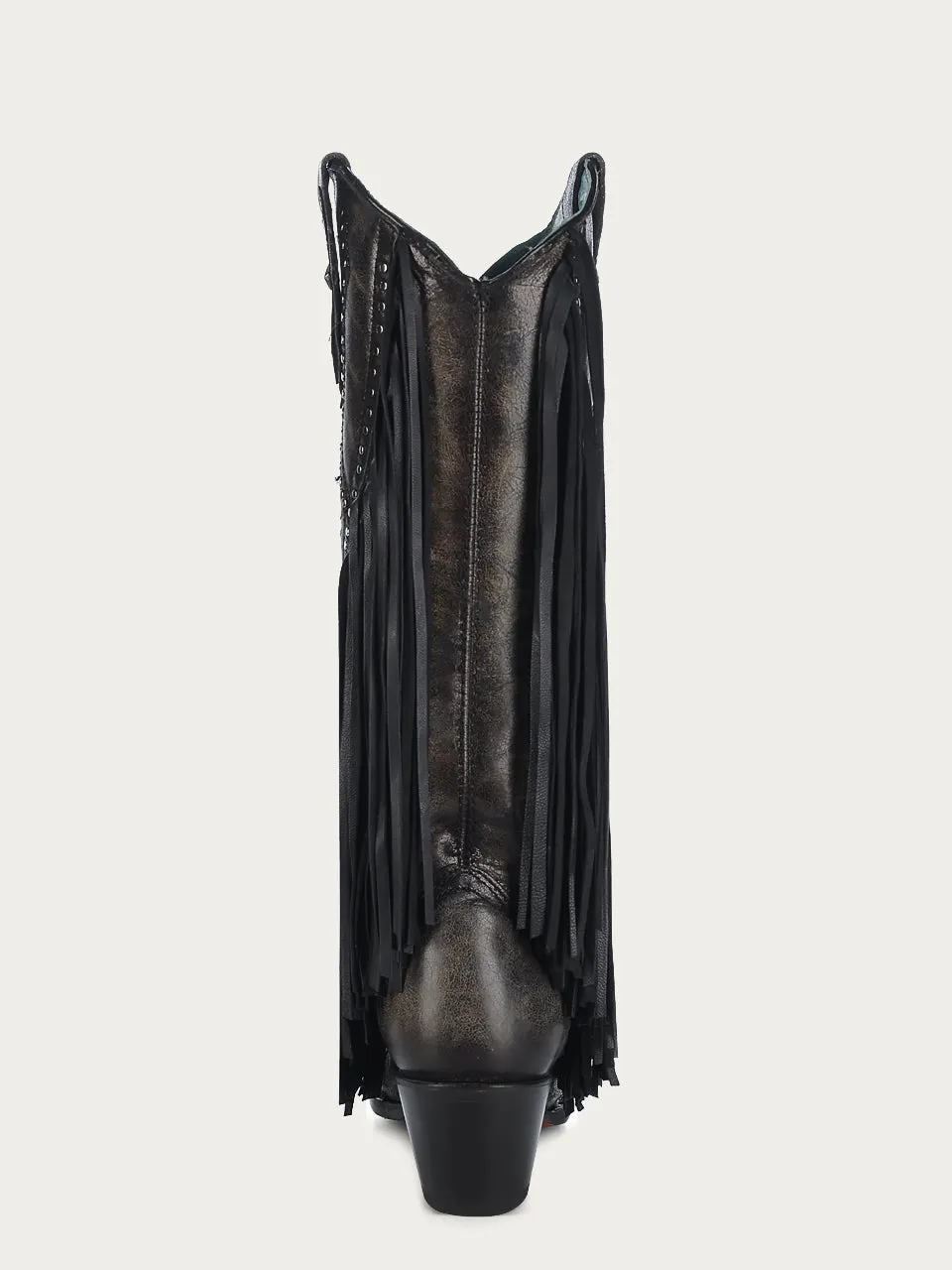 C4083 - WOMEN'S BLACK EMBROIDERY AND STARS INLAY WITH LAMB FRINGE BROWN SNIP TOE TALL TOP COWBOY BOOT