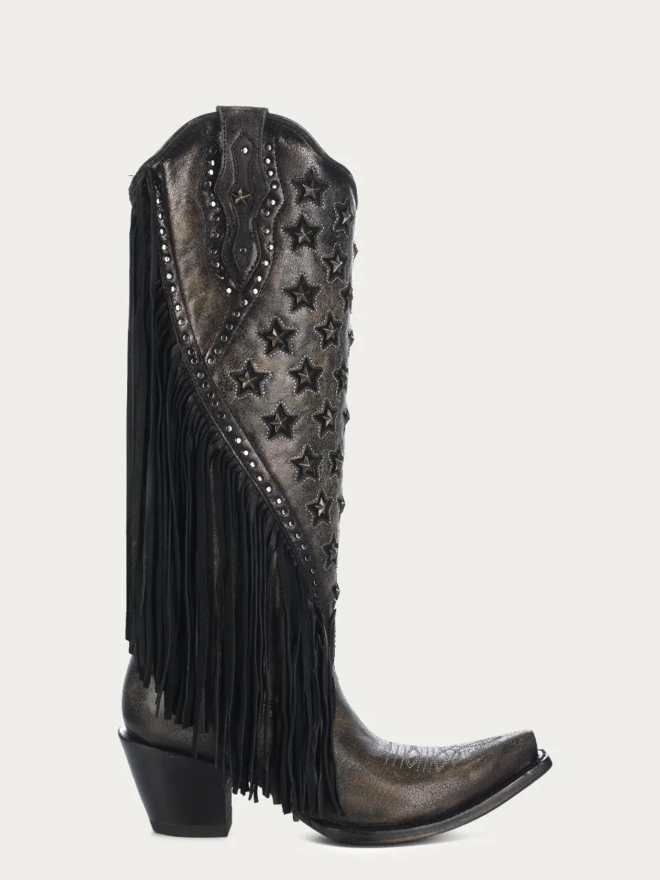 C4083 - WOMEN'S BLACK EMBROIDERY AND STARS INLAY WITH LAMB FRINGE BROWN SNIP TOE TALL TOP COWBOY BOOT