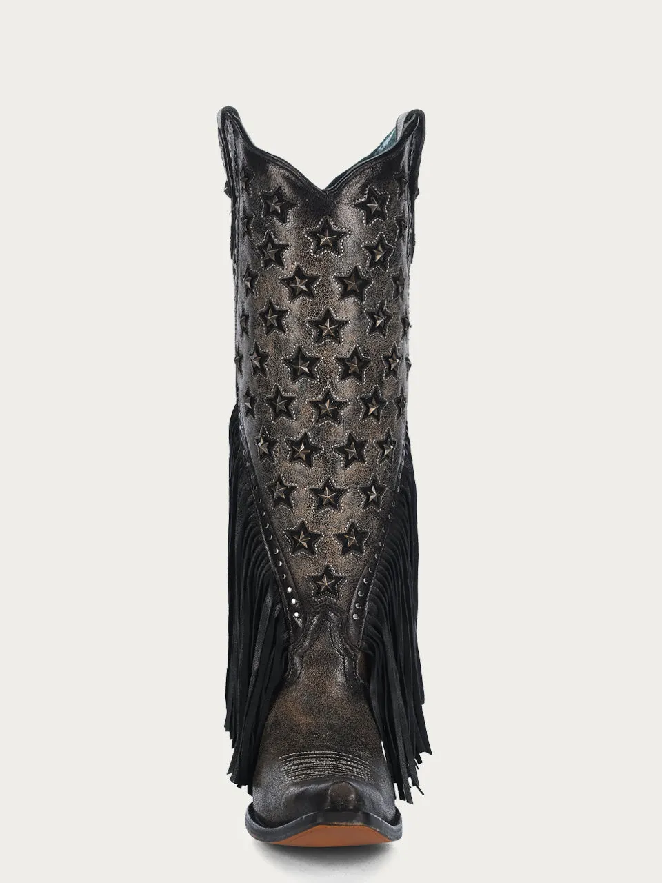 C4083 - WOMEN'S BLACK EMBROIDERY AND STARS INLAY WITH LAMB FRINGE BROWN SNIP TOE TALL TOP COWBOY BOOT