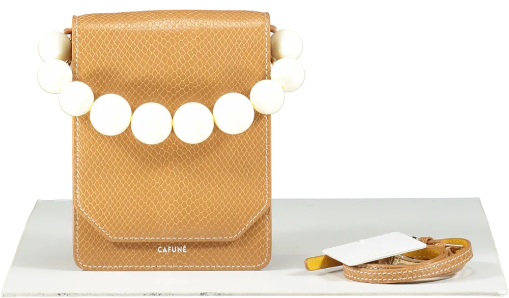 Cafune Brown Bellows Crossbody Bag with pearl top handle