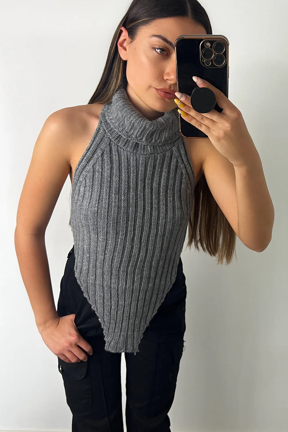 Caitlin Grey Roll Neck Distressed Hem Knit Crop Top