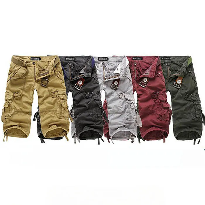 Calf-length Solid Color Multi-pocket Men Shorts