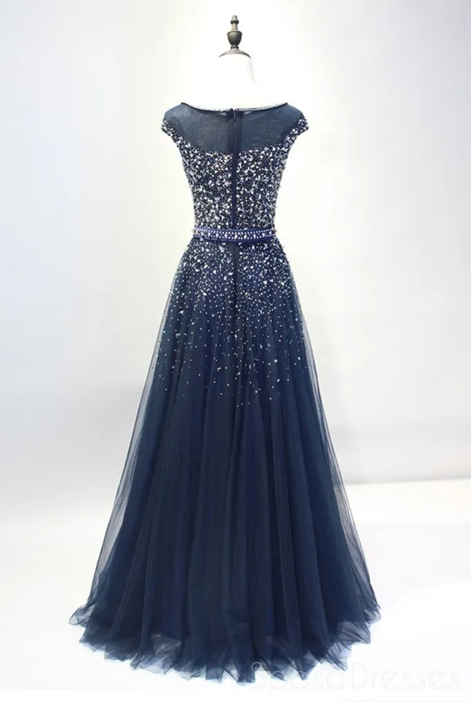 Cap Sleeves Navy Tulle Beaded Long Evening Prom Dresses, Cheap Custom Party Prom Dresses, 18586