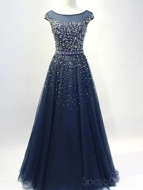 Cap Sleeves Navy Tulle Beaded Long Evening Prom Dresses, Cheap Custom Party Prom Dresses, 18586