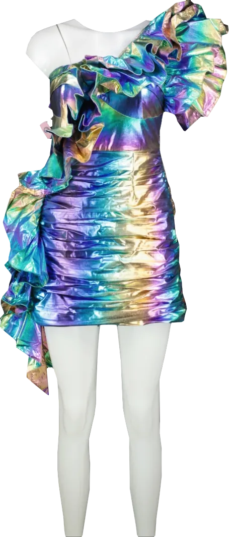 CELIA B Multicoloured Rainbow Opal Frill One Shoulder Mini Dress UK S