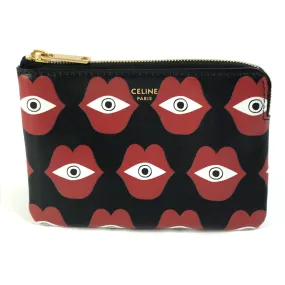 CELINE Coin case leather Black x red lip eye telepathy love Women Used Authentic