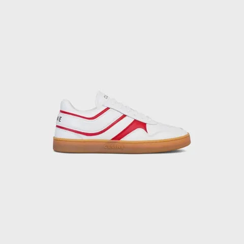 Celine Trainer Low Lace-up Sneaker in Calfskin & Laminated Calfskin Optic White / Bright Red / Beige