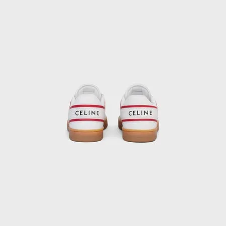 Celine Trainer Low Lace-up Sneaker in Calfskin & Laminated Calfskin Optic White / Bright Red / Beige