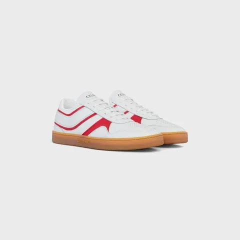 Celine Trainer Low Lace-up Sneaker in Calfskin & Laminated Calfskin Optic White / Bright Red / Beige