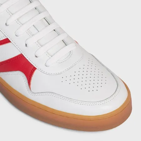 Celine Trainer Low Lace-up Sneaker in Calfskin & Laminated Calfskin Optic White / Bright Red / Beige