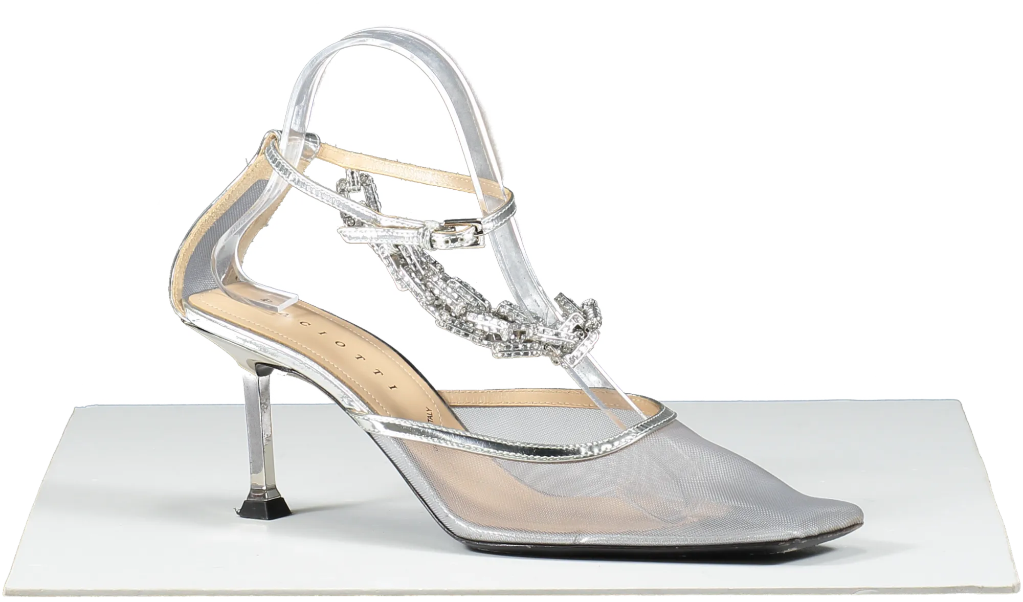 CESARE PACIOTTI Metallic Silver Leather And Mesh Swarovski Chain Detail Heels UK 5.5 EU 38.5 👠