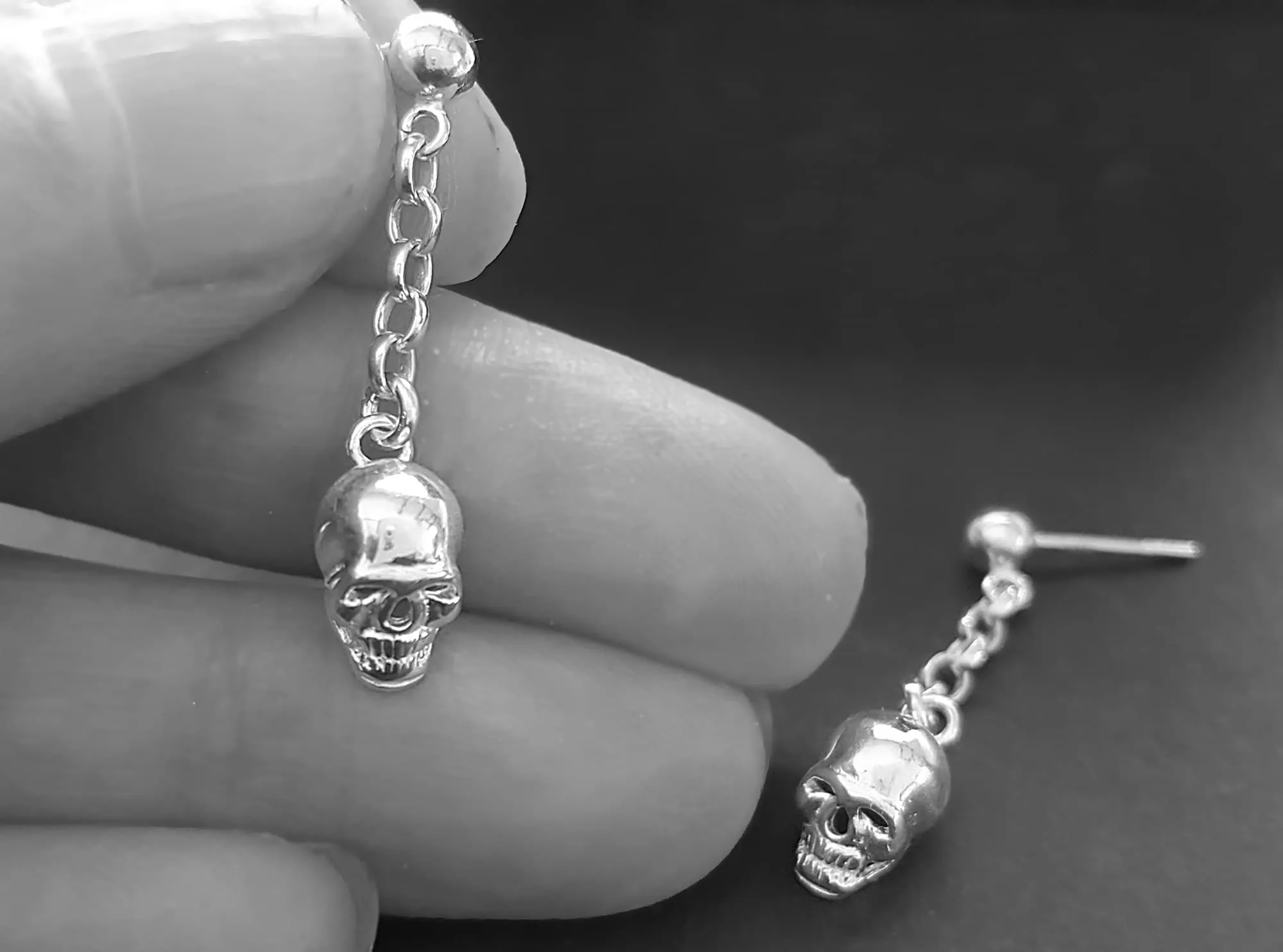 Chained Skull Drop Earrings, Silver Skull Studs