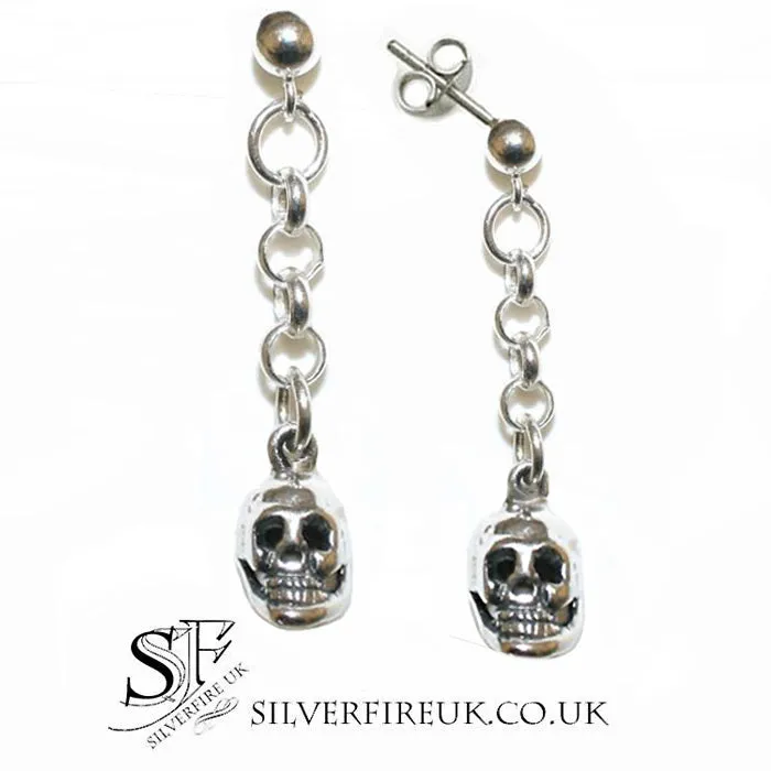 Chained Skull Drop Earrings, Silver Skull Studs