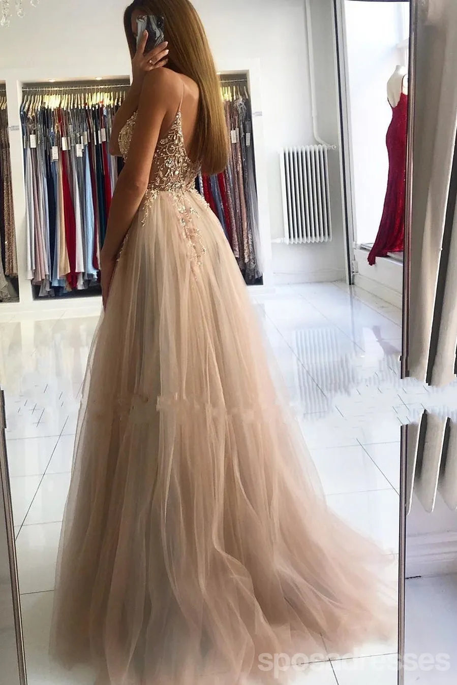 Champagne A-line Spaghetti Straps High Slit Cheap Long Prom Dresses Online,12875