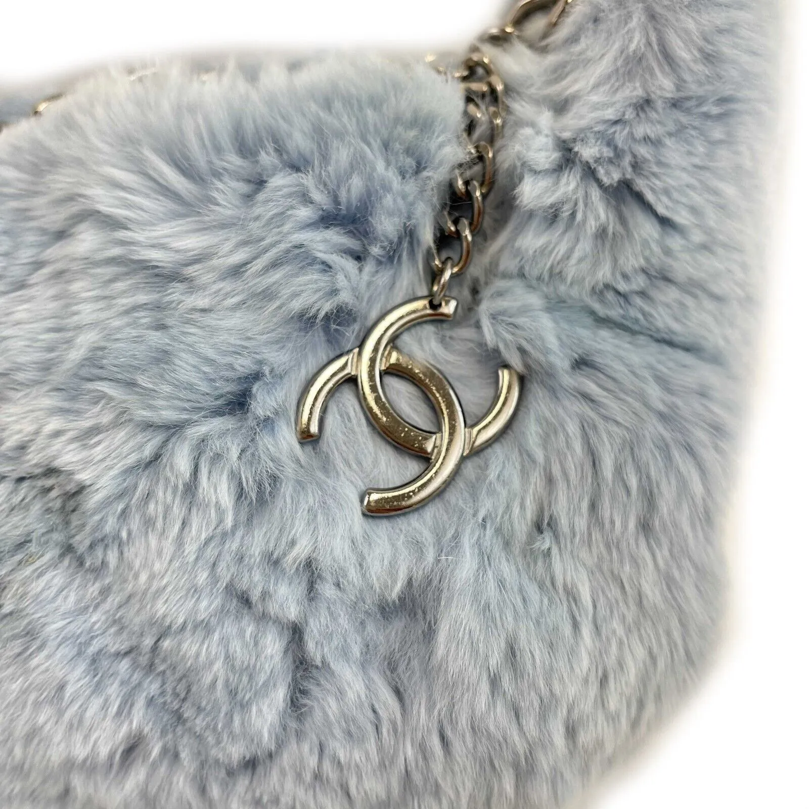 CHANEL - Light Blue Lapin Fur CC Shoulder Bag - Ruthenium Hardware