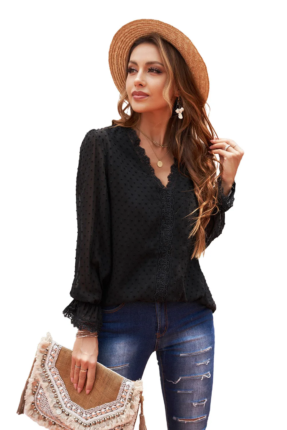 Chic Black Elegant Long Sleeve V-Neck Swiss Dot Lace Blouse