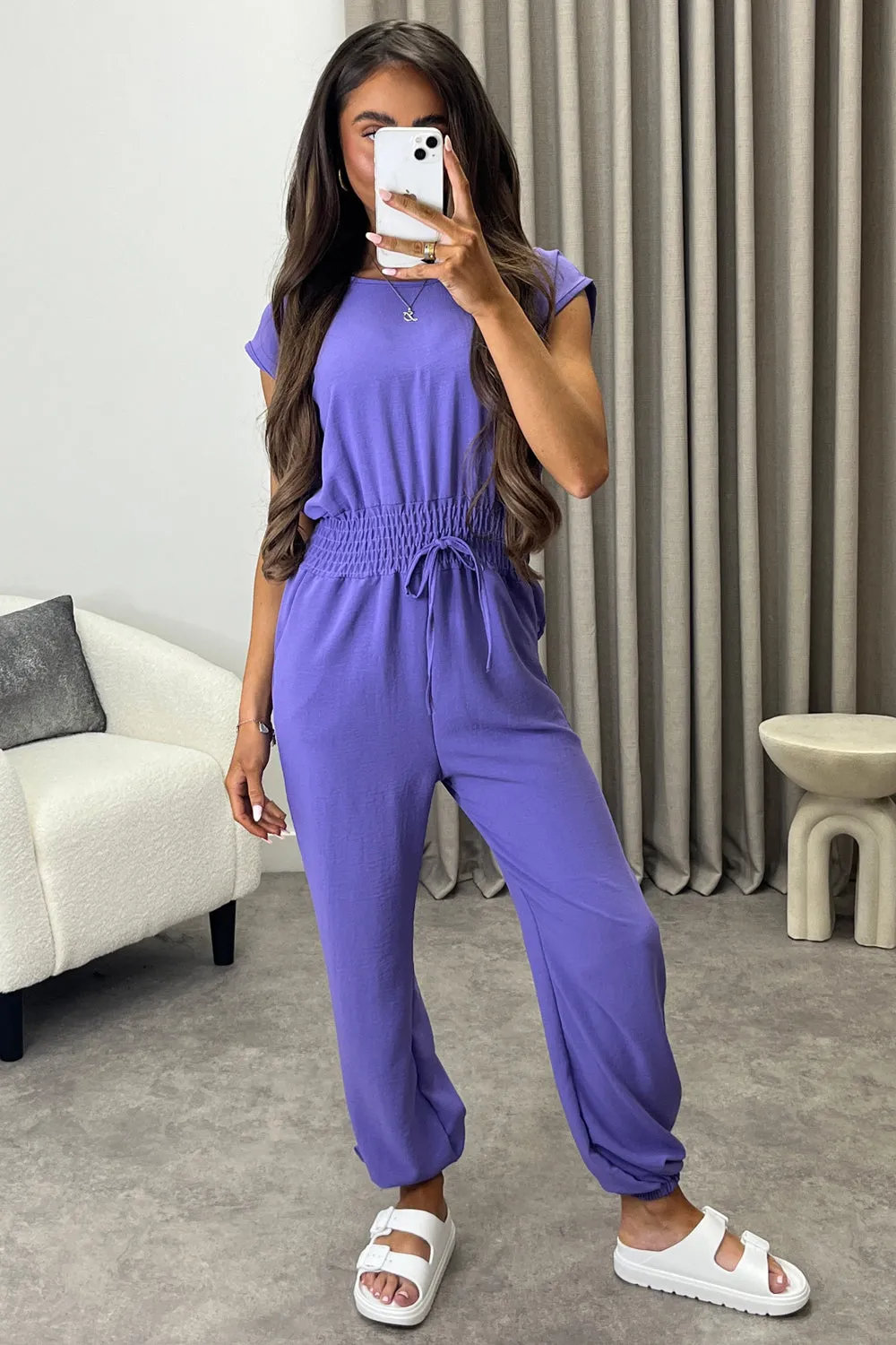 Chrisse Lilac Short Sleeve Shirred Waist Jumpsuit