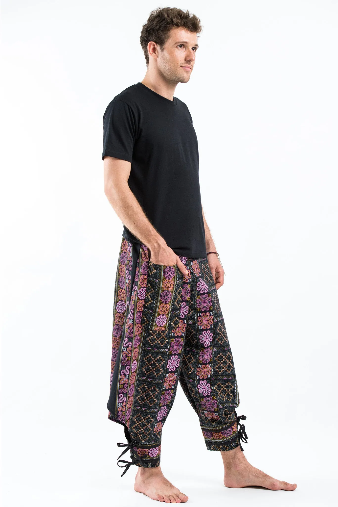 Clovers Thai Hill Tribe Fabric Men's Harem Pants with Ankle Straps in Black Pink