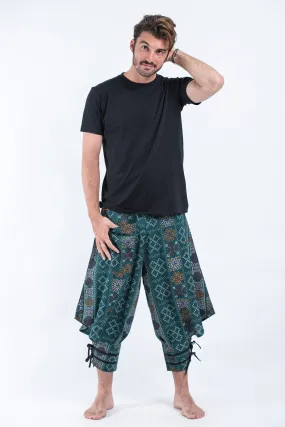 Clovers Thai Hill Tribe Fabric Men's Harem Pants with Ankle Straps in Green