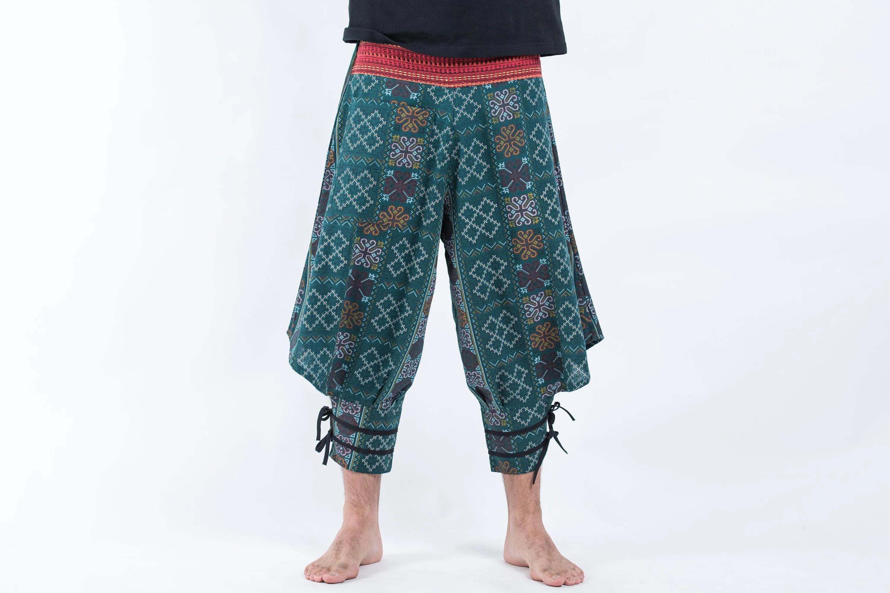 Clovers Thai Hill Tribe Fabric Men's Harem Pants with Ankle Straps in Green