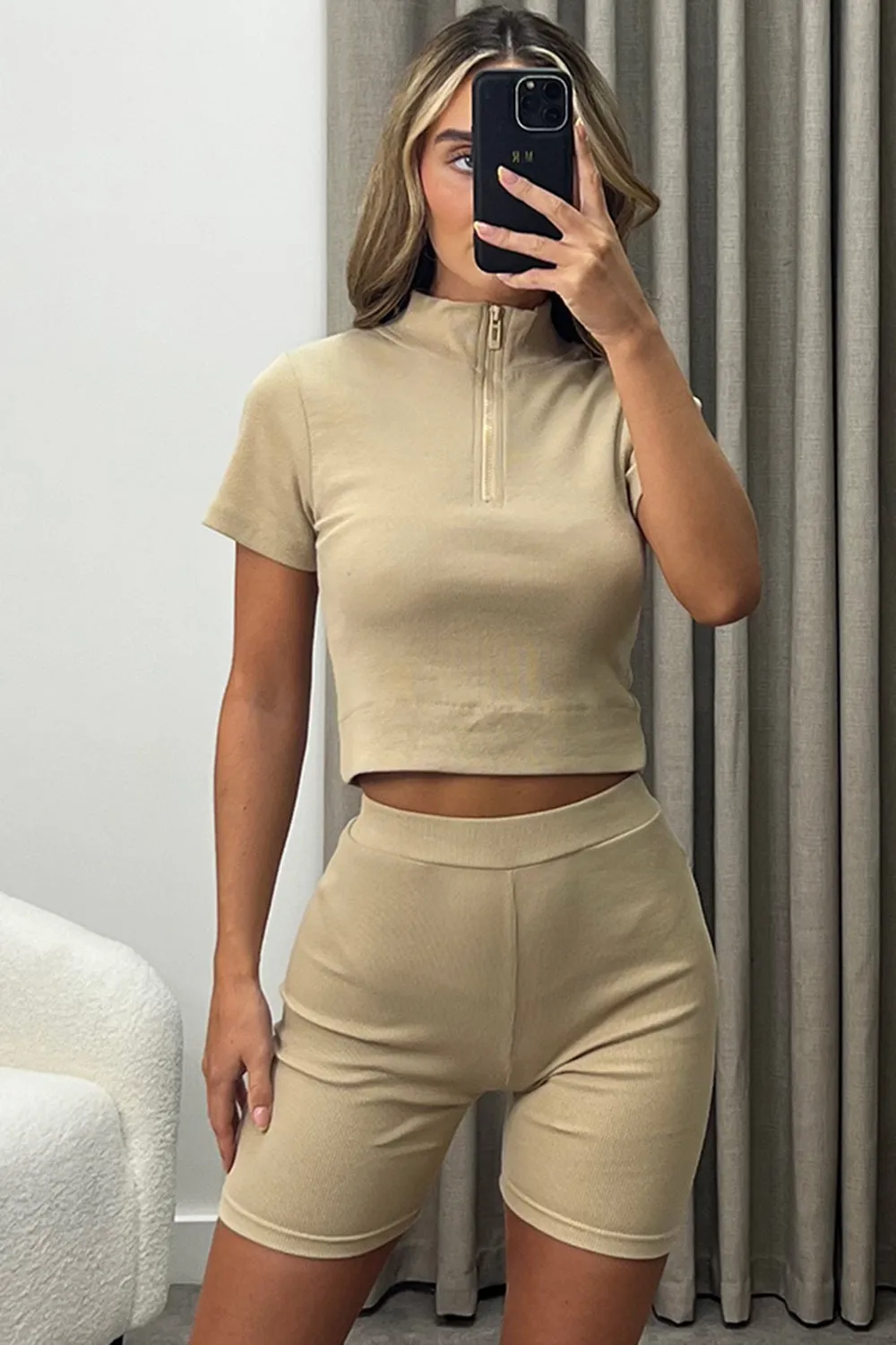 Cody Beige Zip Up Crop Top and Shorts Ribbed Co-Ord Set