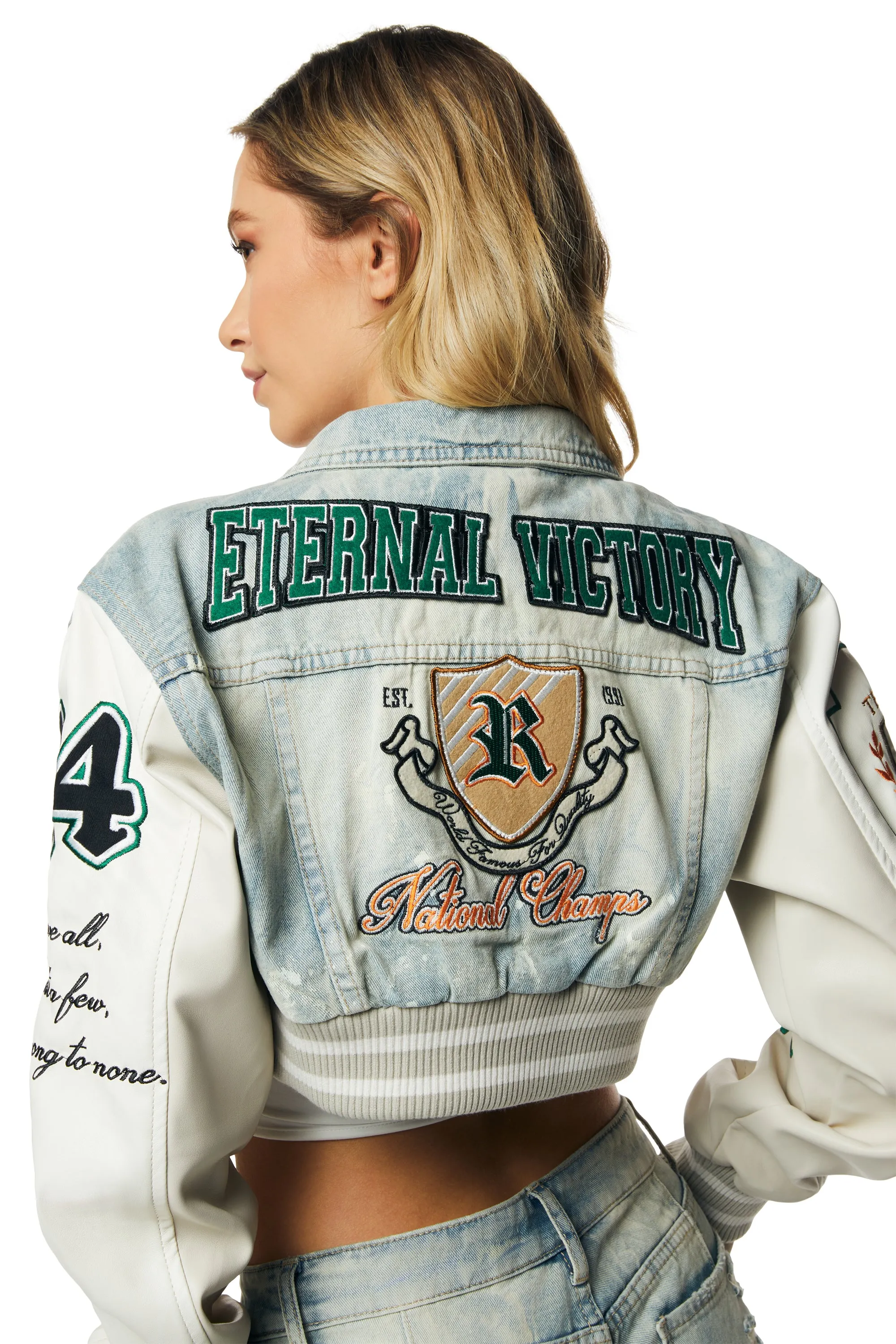 Cropped Varsity Jean Jacket - Leo Blue