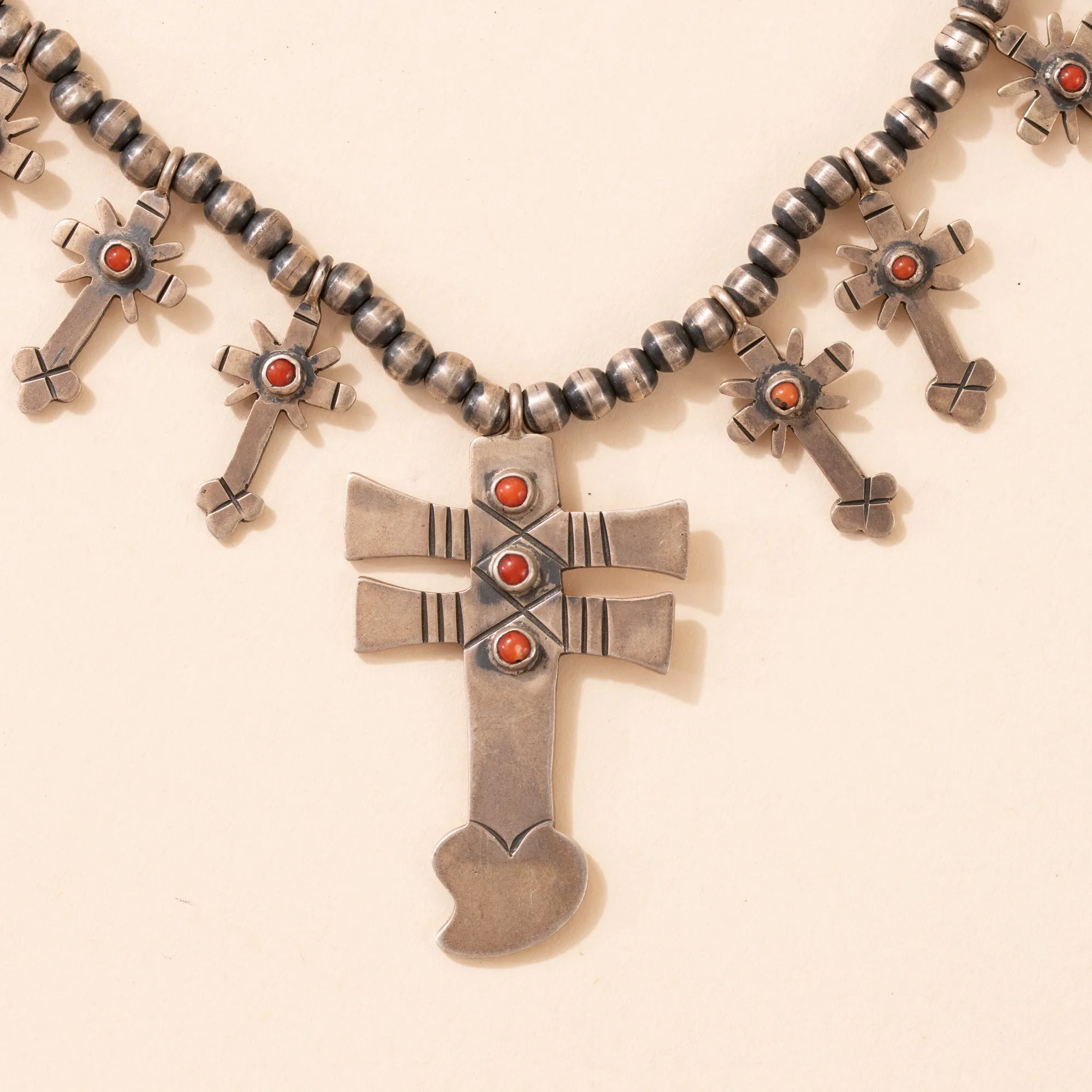 Cruz De Pura Plata Y Coral Necklace