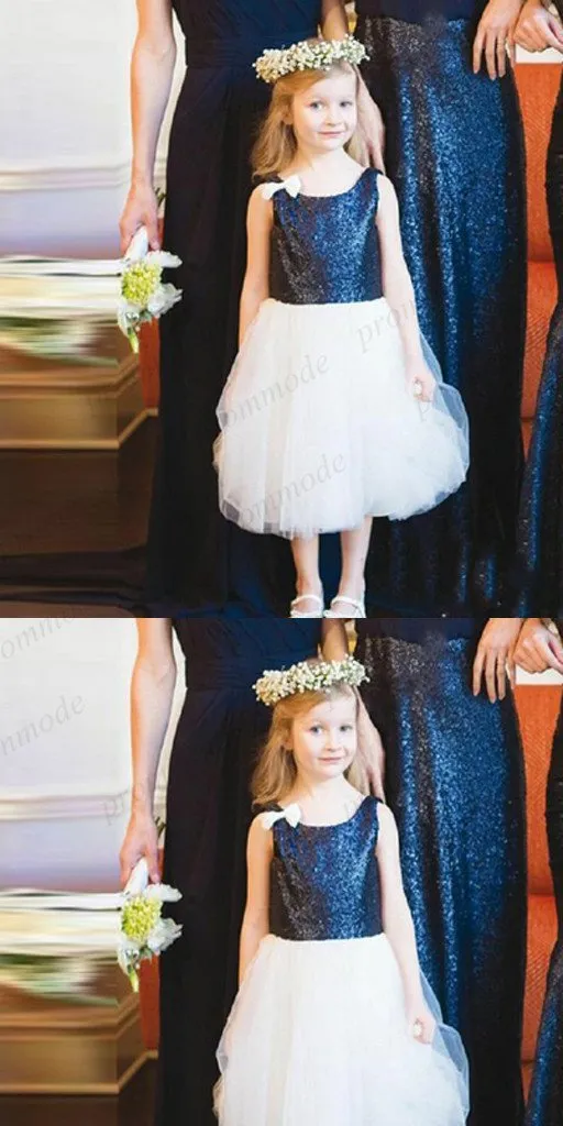 Cute White Tulle & Navy Sequin Sleeveless  Ball Gown Flower Girl Dresses,FGY0174